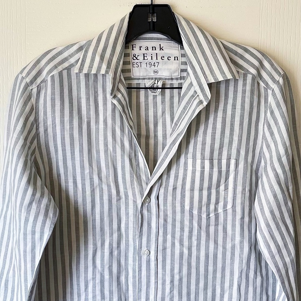 Frank & Eileen Mary Shirtdress Grey White Linen Stripe Long Sleeve Button XS EUC - Picture 4 of 7